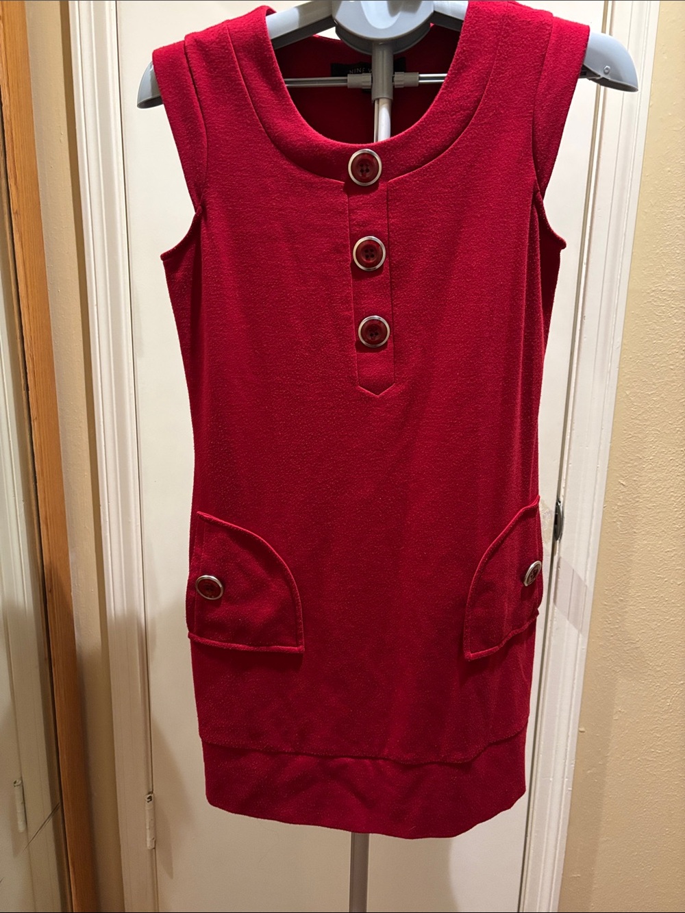 Nine West Bright Red Sleeveless Shift Dress with Front Buttons